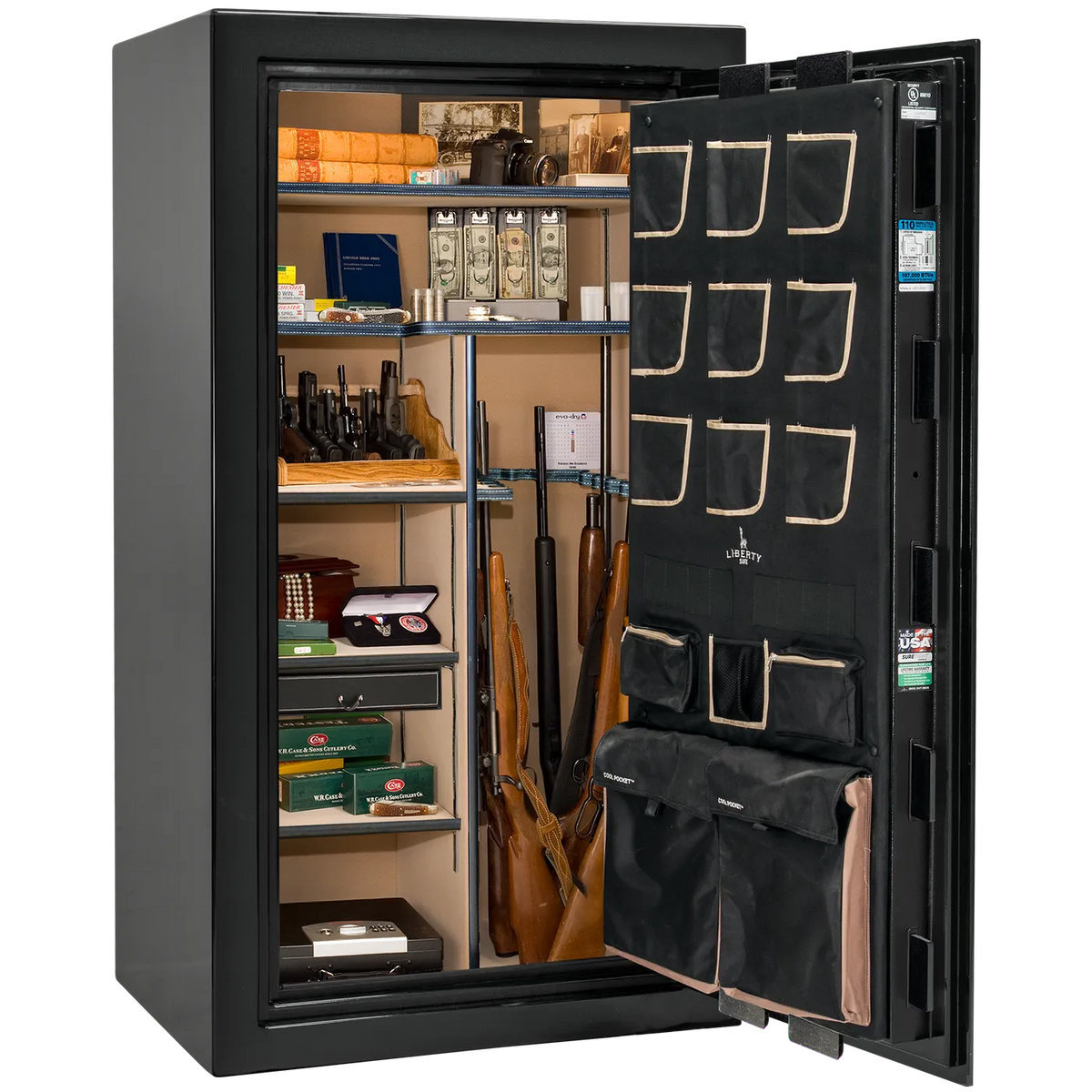 Liberty Classic Plus 40 safe interior with 4-in-1 Flex™ adjustable shelving, long gun storage, and deluxe door organizer.