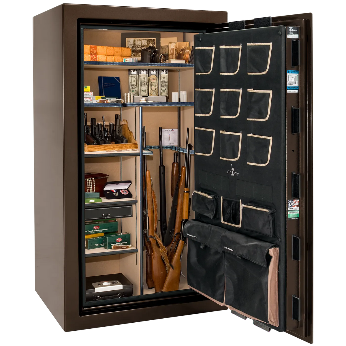 Liberty Classic Plus 40 safe interior with 4-in-1 Flex™ adjustable shelving, long gun storage, and deluxe door organizer.