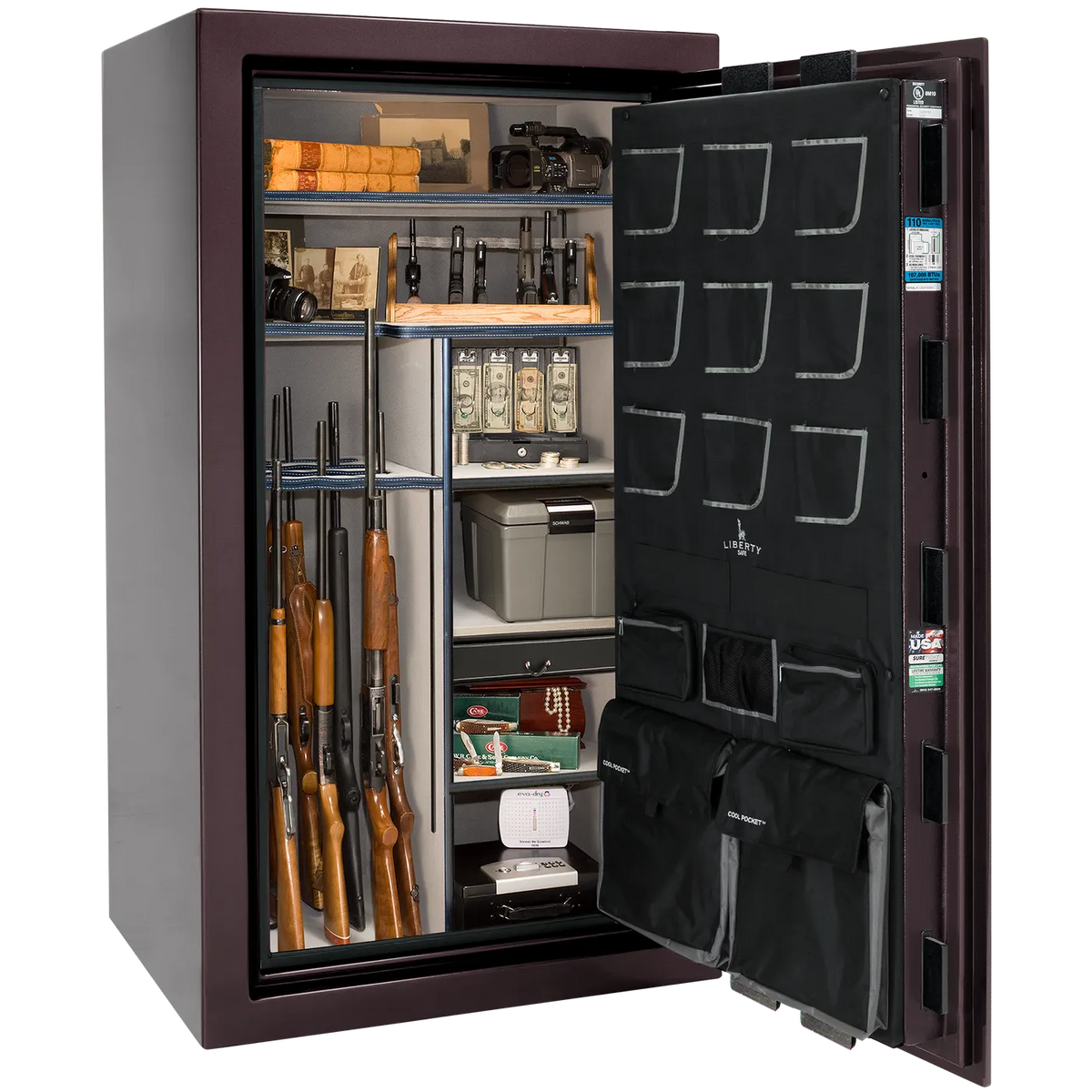 Liberty Classic Plus 40 safe interior with 4-in-1 Flex™ adjustable shelving, long gun storage, and deluxe door organizer.