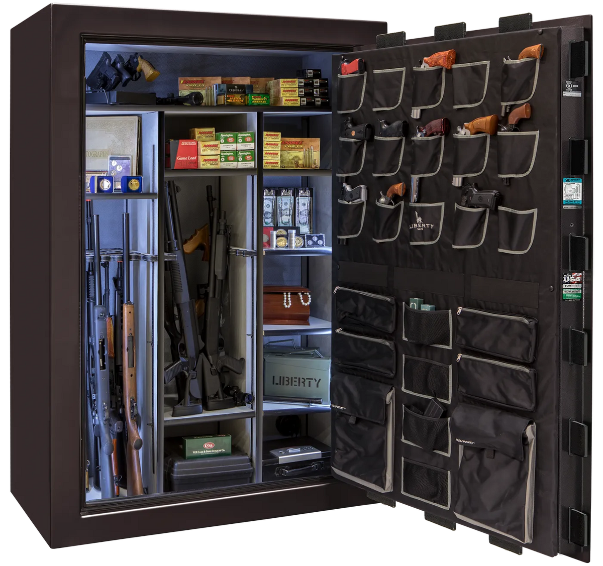 Liberty Classic Select safe interior with fully upholstered 6-in-1 Flex™ adjustable interior, premium door storage, adjustable shelving, and long gun storage