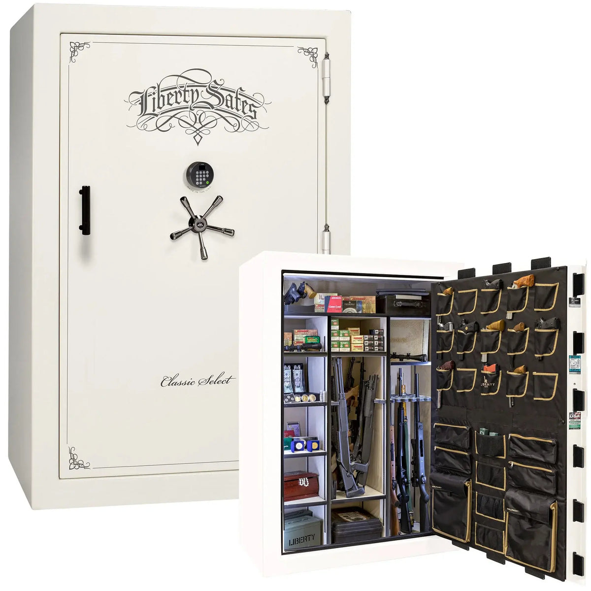 Liberty Classic Select Safe in White Gloss with Black Chrome hardware and Dormakaba 702D electronic lock