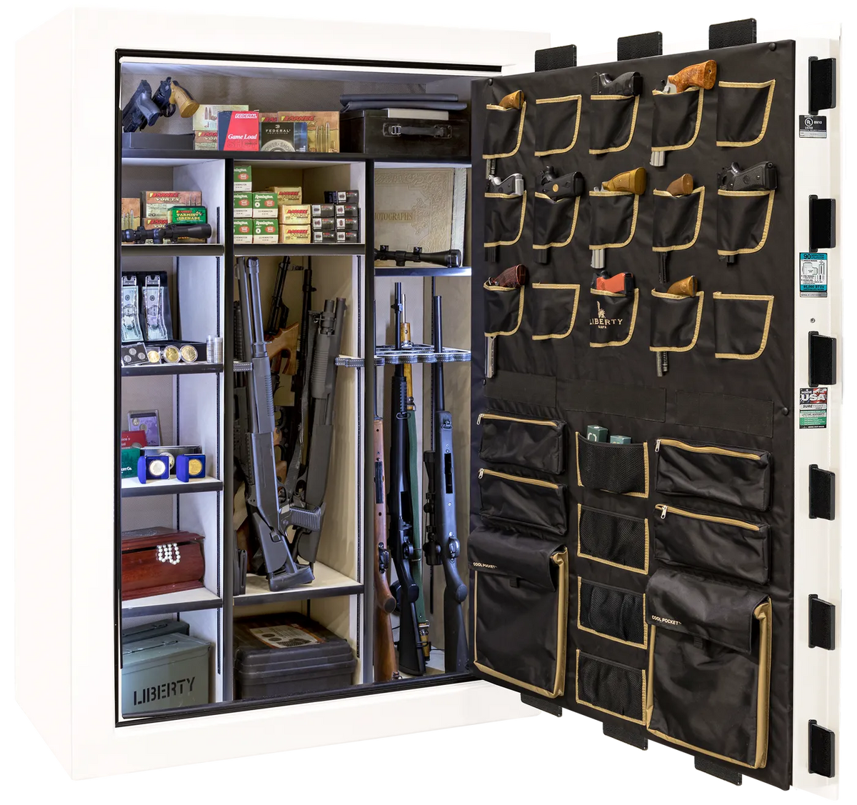 Liberty Classic Select safe interior with fully upholstered 6-in-1 Flex™ adjustable interior, premium door storage, adjustable shelving, and long gun storage