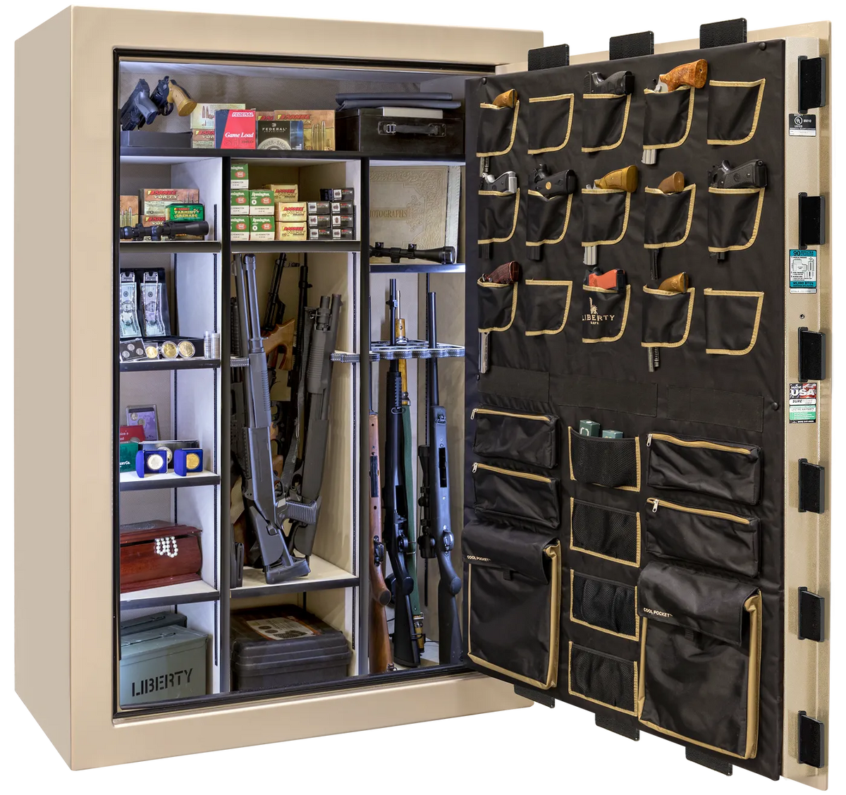 Liberty Classic Select safe interior with fully upholstered 6-in-1 Flex™ adjustable interior, premium door storage, adjustable shelving, and long gun storage