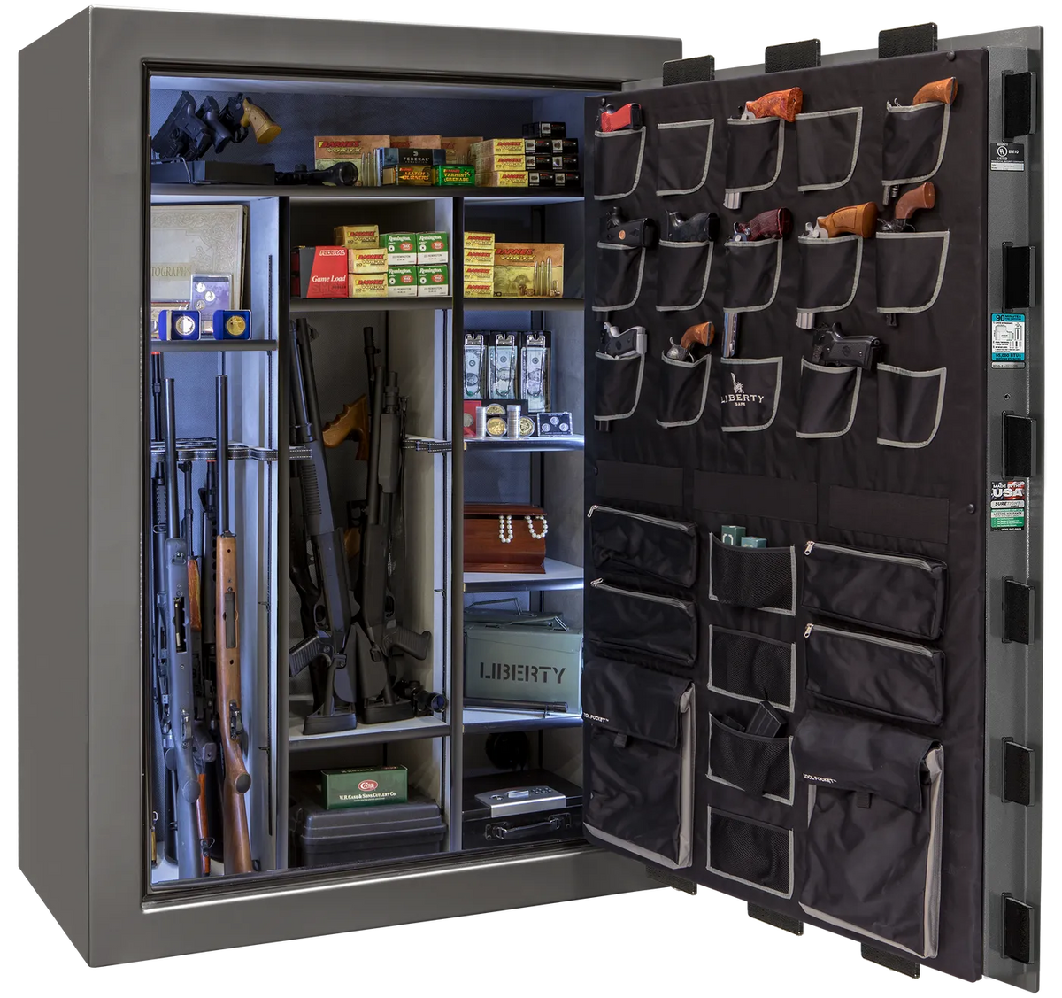 Liberty Classic Select safe interior with fully upholstered 6-in-1 Flex™ adjustable interior, premium door storage, adjustable shelving, and long gun storage
