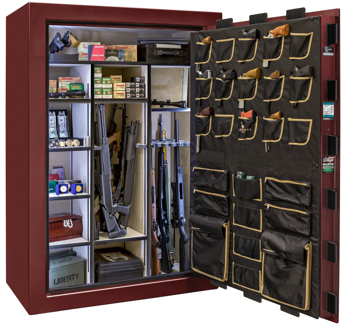 Liberty Classic Select safe interior with fully upholstered 6-in-1 Flex™ adjustable interior, premium door storage, adjustable shelving, and long gun storage