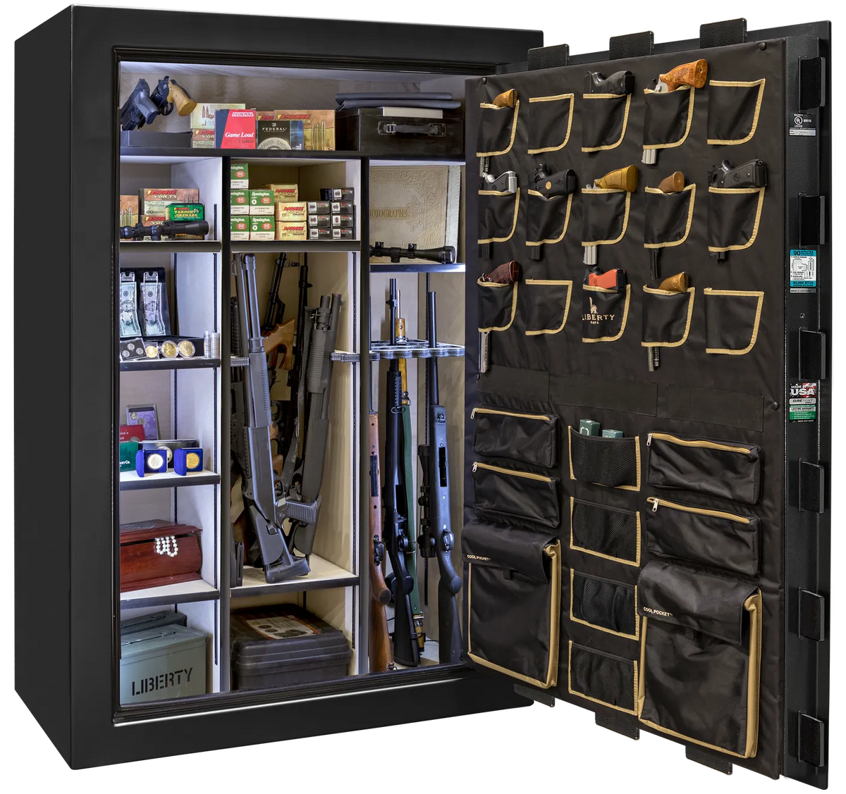 Liberty Classic Select safe interior with fully upholstered 6-in-1 Flex™ adjustable interior, premium door storage, adjustable shelving, and long gun storage