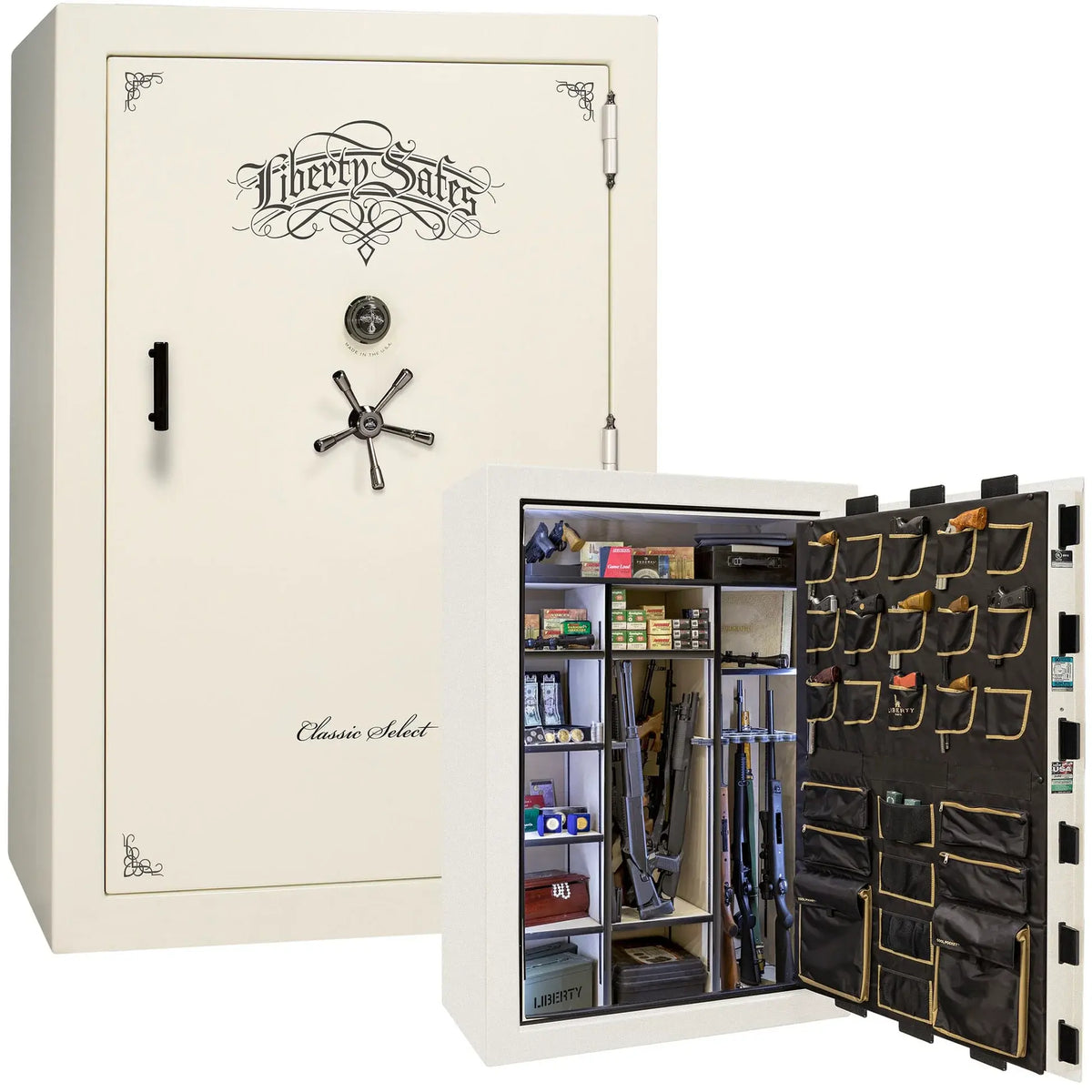 Liberty Classic Select Safe in White Marble with Black Chrome hardware and mechanical dial lock