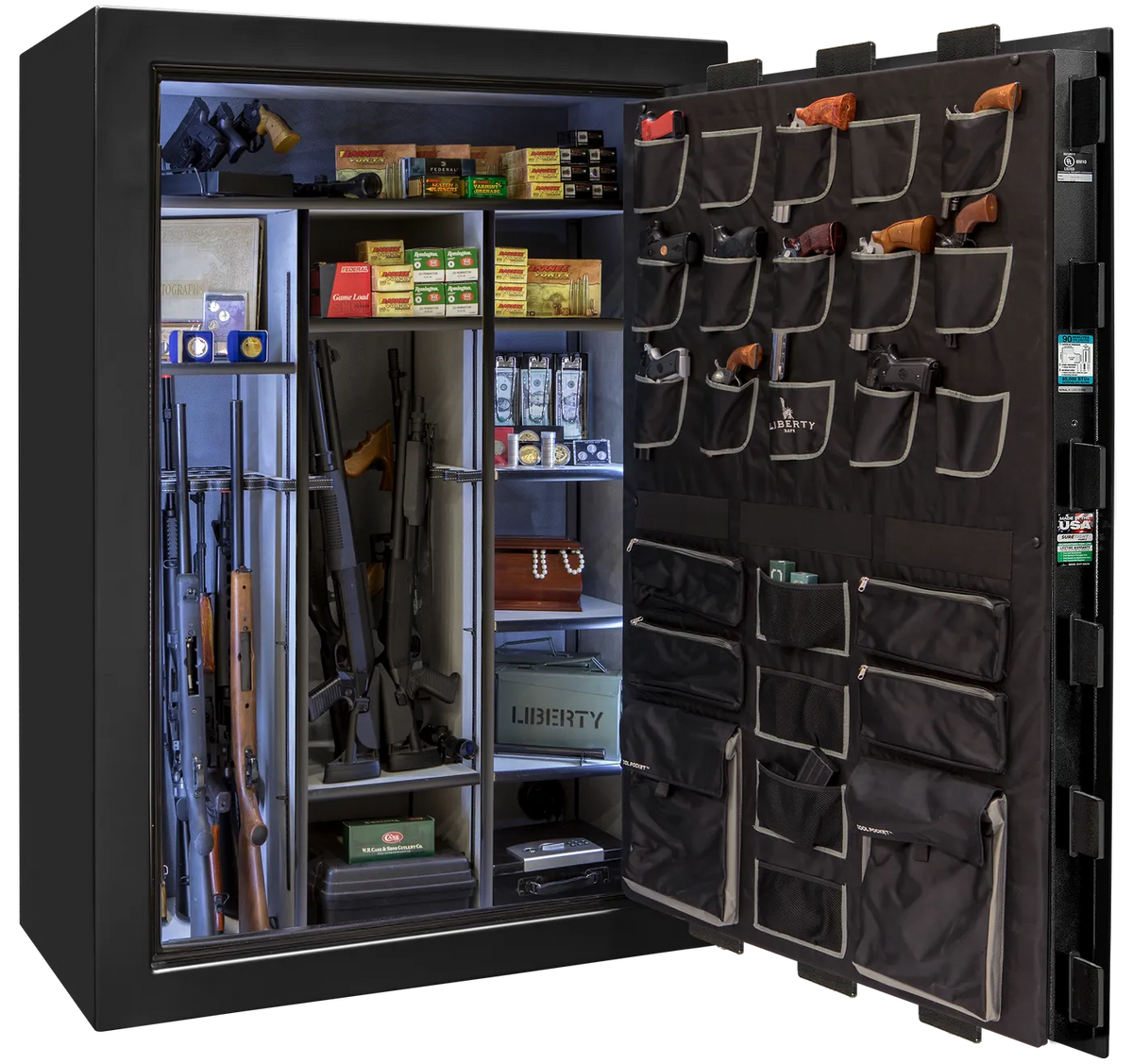 Liberty Classic Select safe interior with fully upholstered 6-in-1 Flex™ adjustable interior, premium door storage, adjustable shelving, and long gun storage
