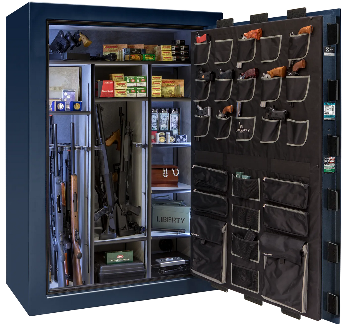 Liberty Classic Select safe interior with fully upholstered 6-in-1 Flex™ adjustable interior, premium door storage, adjustable shelving, and long gun storage