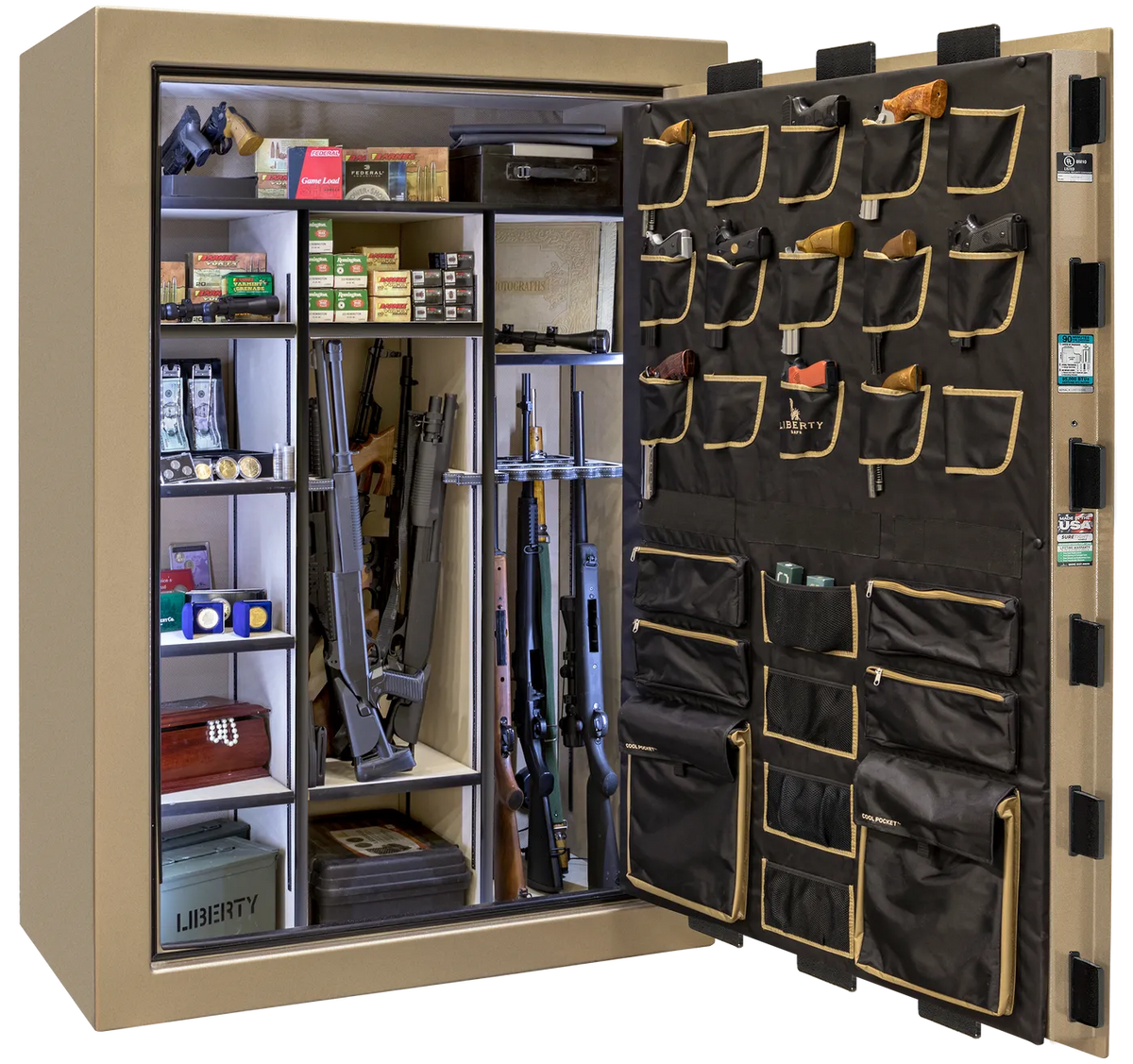 Liberty Classic Select safe interior with fully upholstered 6-in-1 Flex™ adjustable interior, premium door storage, adjustable shelving, and long gun storage