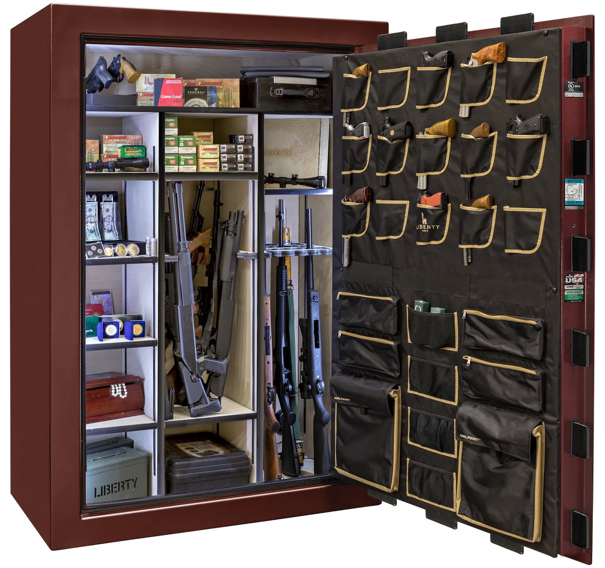Liberty Classic Select safe interior with fully upholstered 6-in-1 Flex™ adjustable interior, premium door storage, adjustable shelving, and long gun storage