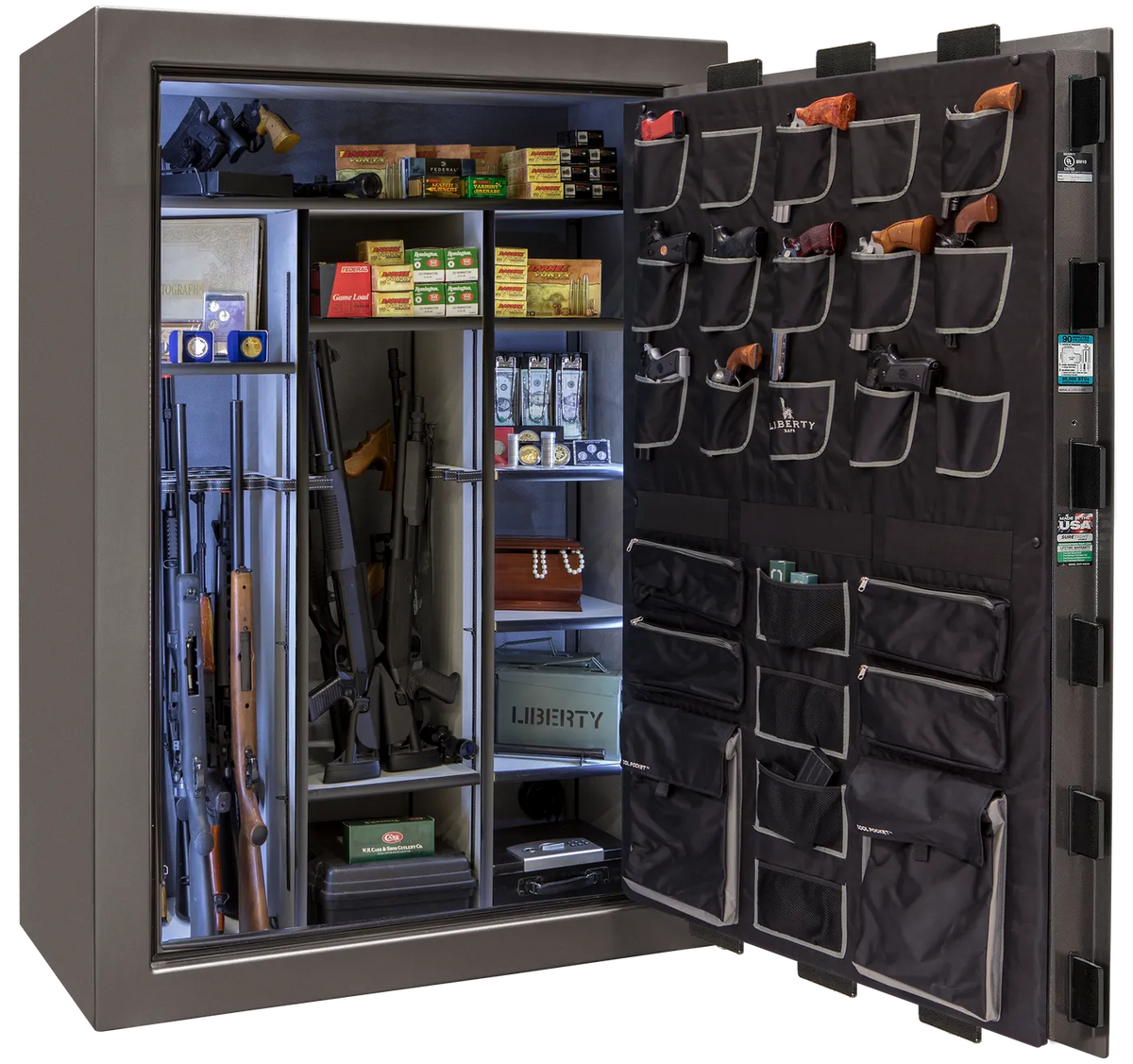Liberty Classic Select safe interior with fully upholstered 6-in-1 Flex™ adjustable interior, premium door storage, adjustable shelving, and long gun storage