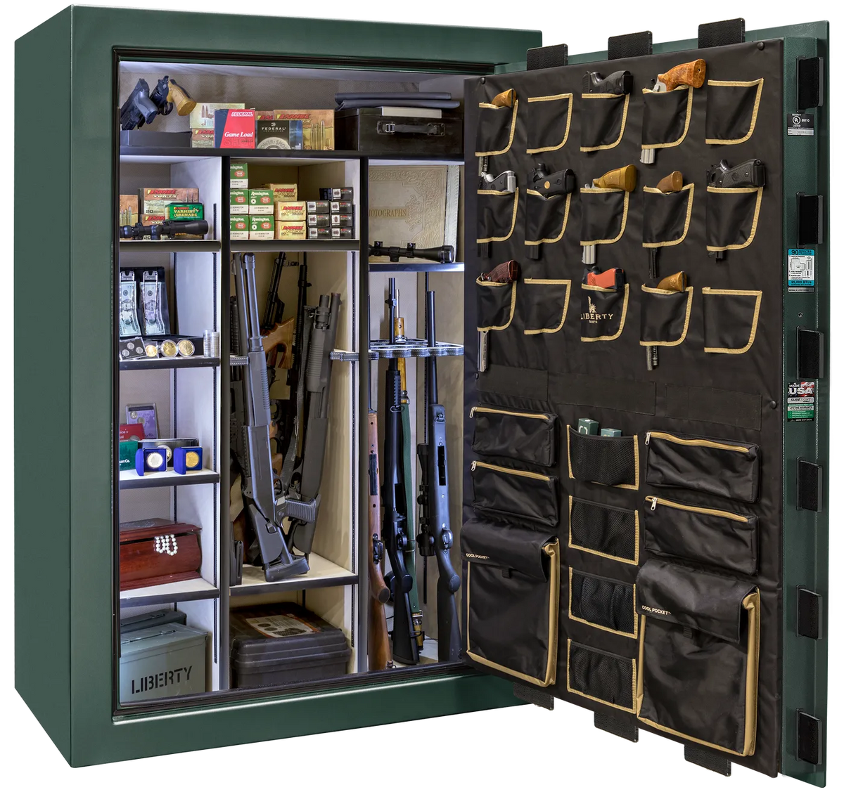 Liberty Classic Select safe interior with fully upholstered 6-in-1 Flex™ adjustable interior, premium door storage, adjustable shelving, and long gun storage