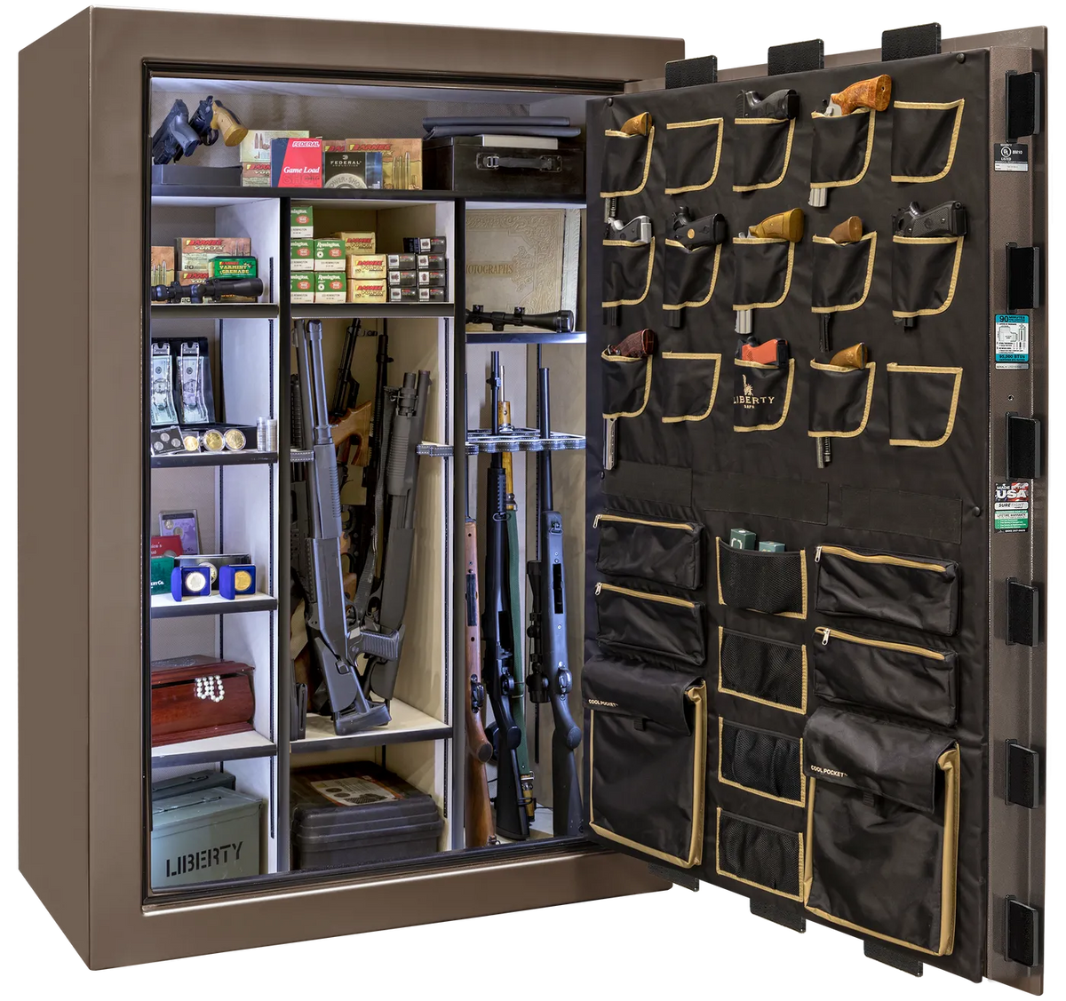 Liberty Classic Select safe interior with fully upholstered 6-in-1 Flex™ adjustable interior, premium door storage, adjustable shelving, and long gun storage