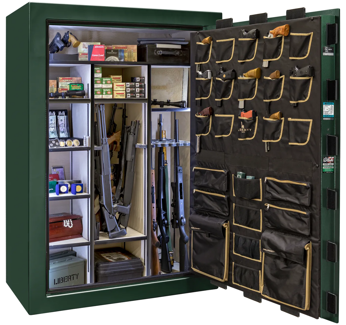 Liberty Classic Select safe interior with fully upholstered 6-in-1 Flex™ adjustable interior, premium door storage, adjustable shelving, and long gun storage