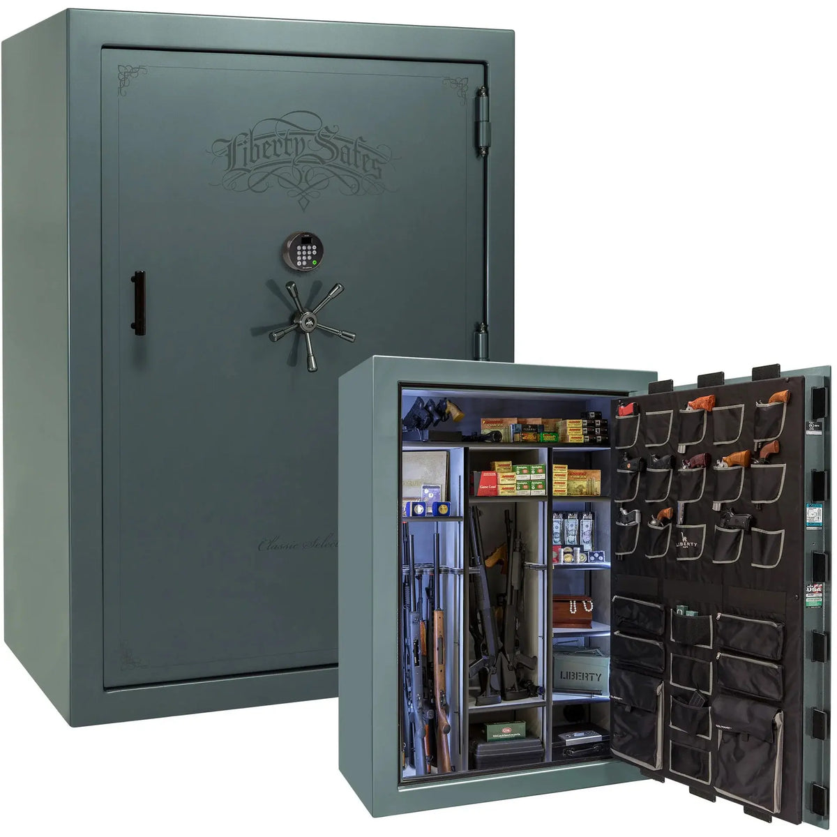Liberty Classic Select Safe in Forest Mist Gloss with Black Chrome hardware and Dormakaba 702D electronic lock