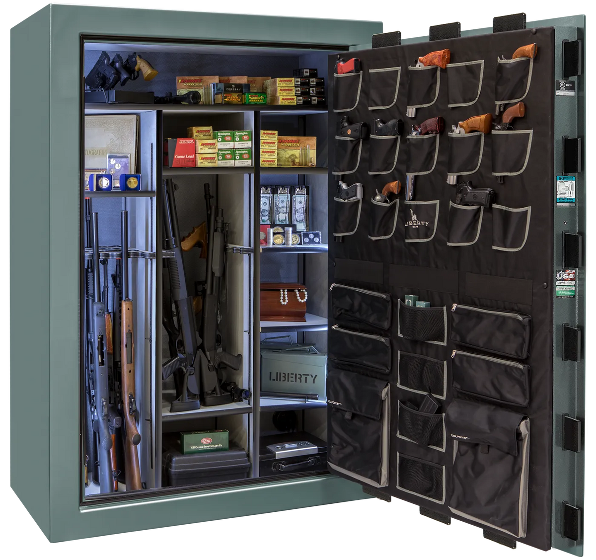 Liberty Classic Select safe interior with fully upholstered 6-in-1 Flex™ adjustable interior, premium door storage, adjustable shelving, and long gun storage