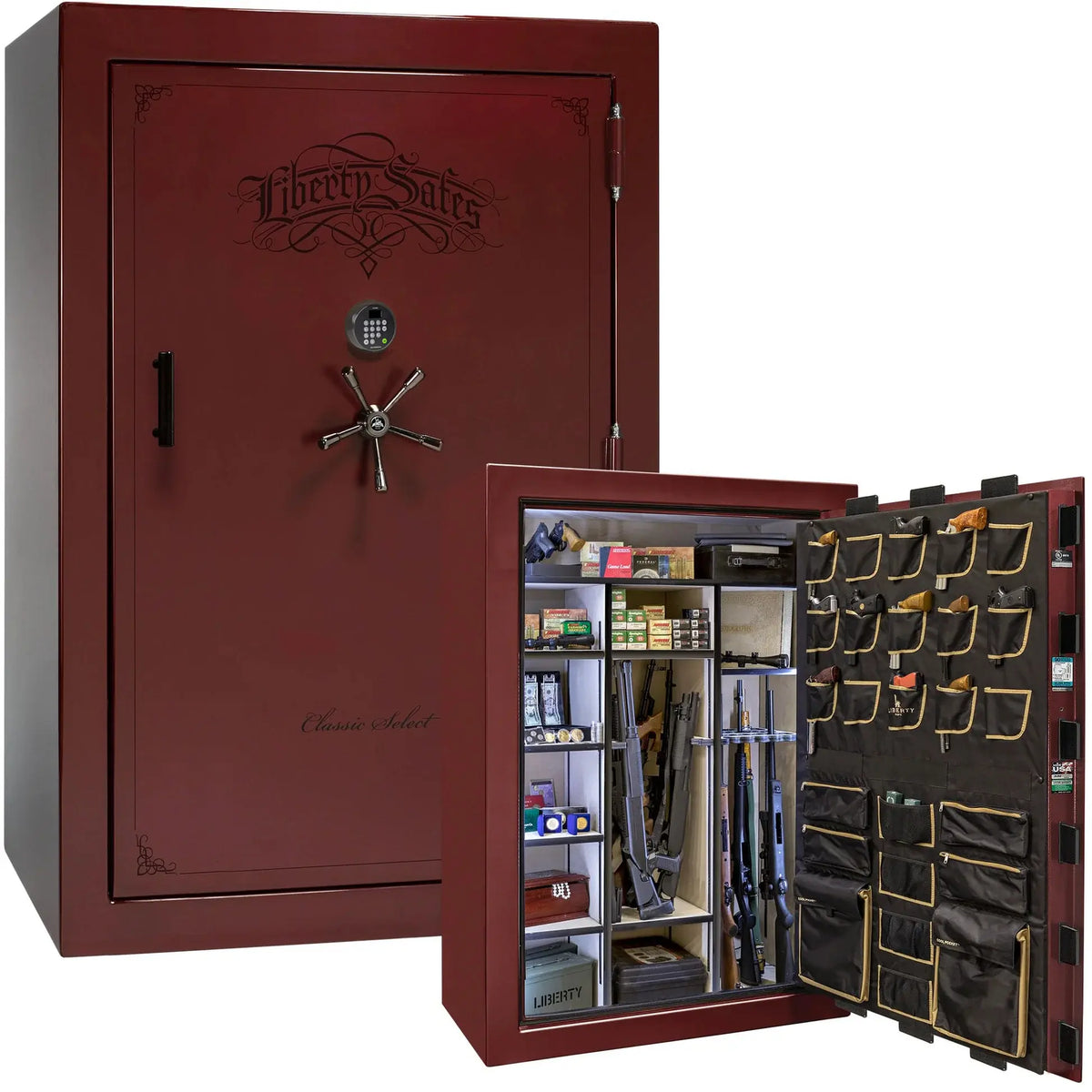 Liberty Classic Select Safe in Burgundy Gloss with Black Chrome hardware and Dormakaba 702D electronic lock