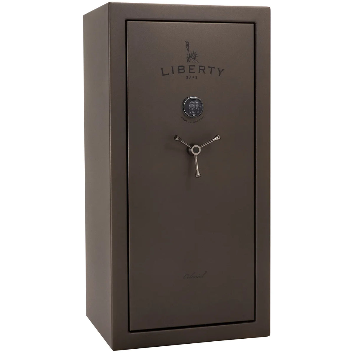 Liberty Colonial 23 gun safe in Textured Bronze with Black Chrome hardware, exterior view with S&G electronic lock