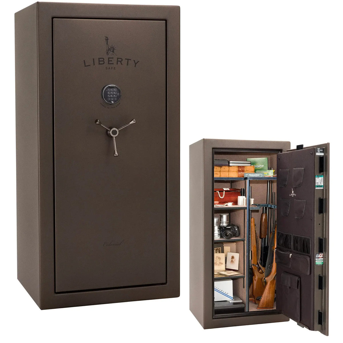 Liberty Colonial 23 gun safe in Textured Bronze with Black Chrome hardware, stacked exterior with S&G electronic lock and Standard Flex interior