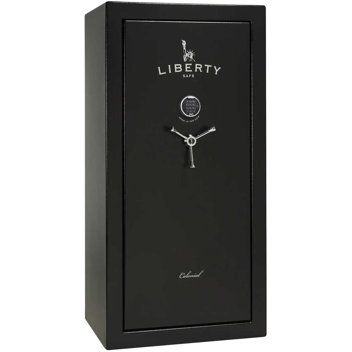 Liberty Colonial 23 gun safe in Textured Black with Chrome hardware, exterior view with S&G electronic lock