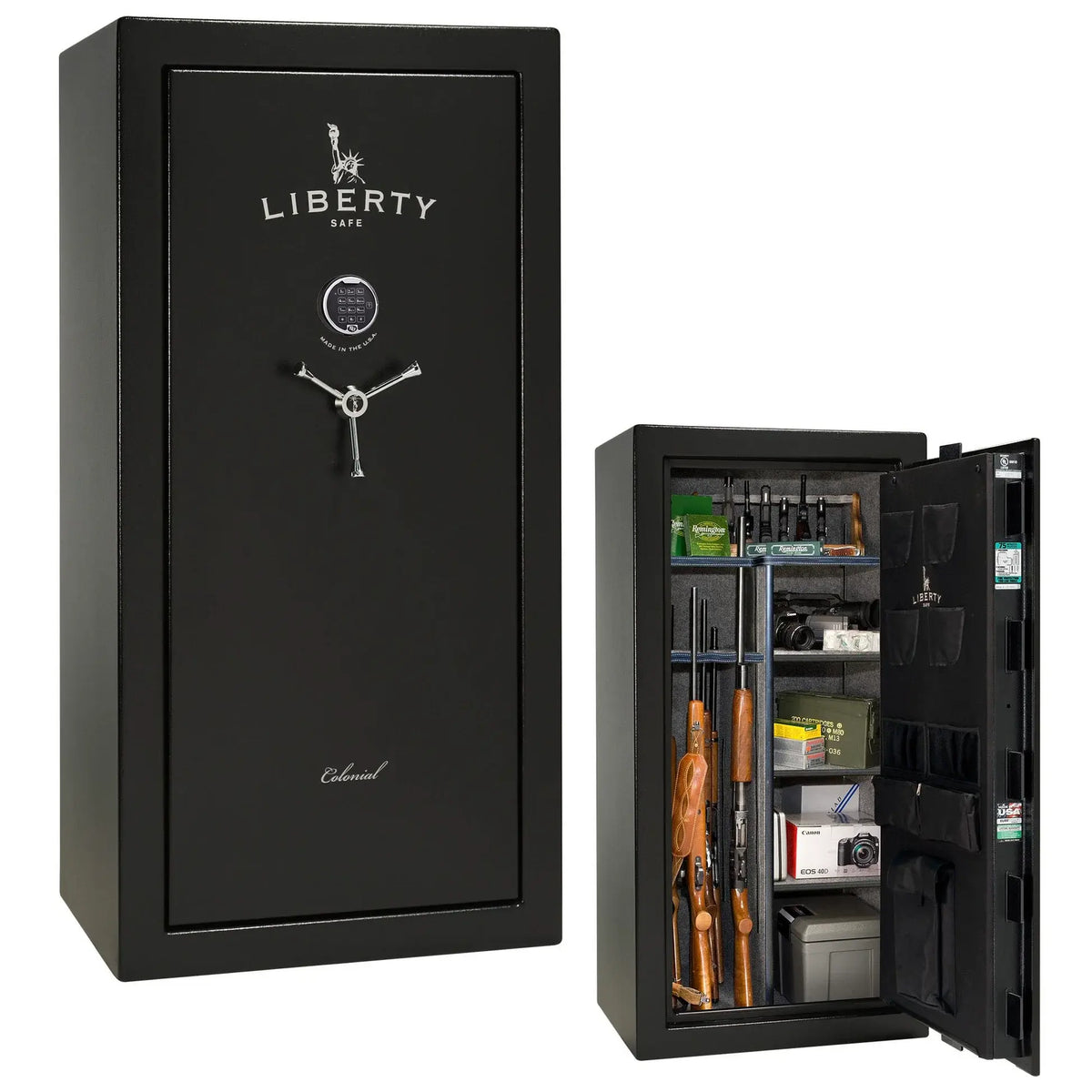 Liberty Colonial 23 gun safe in Textured Black with Chrome hardware, stacked exterior with S&G electronic lock and Standard Flex interior