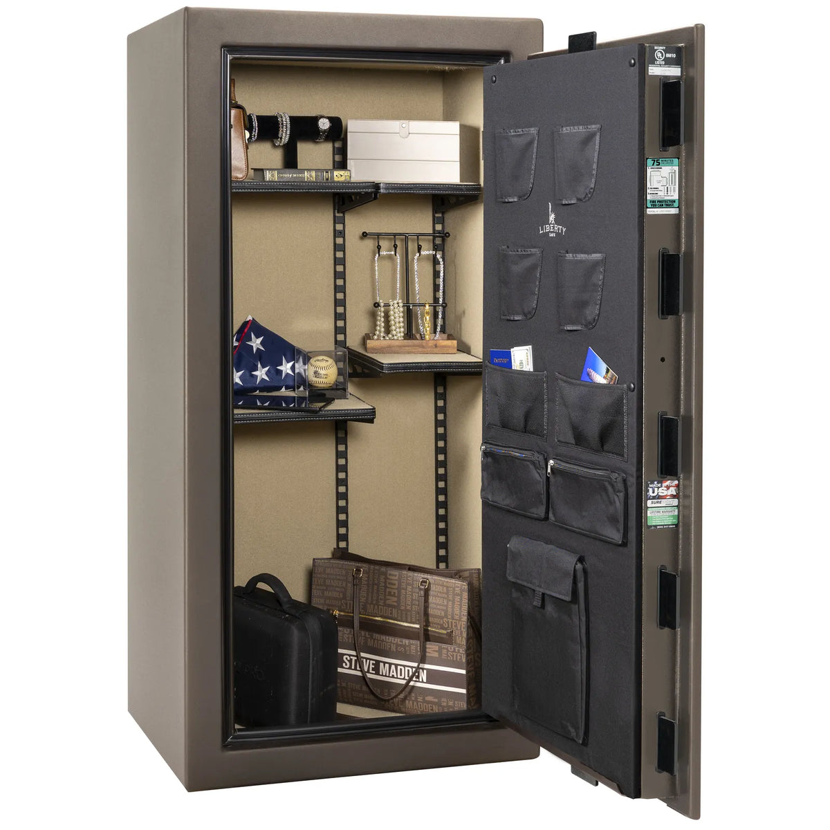 Liberty Colonial 23 gun safe in Textured Bronze with Black Chrome hardware, open with Pro Flex interior