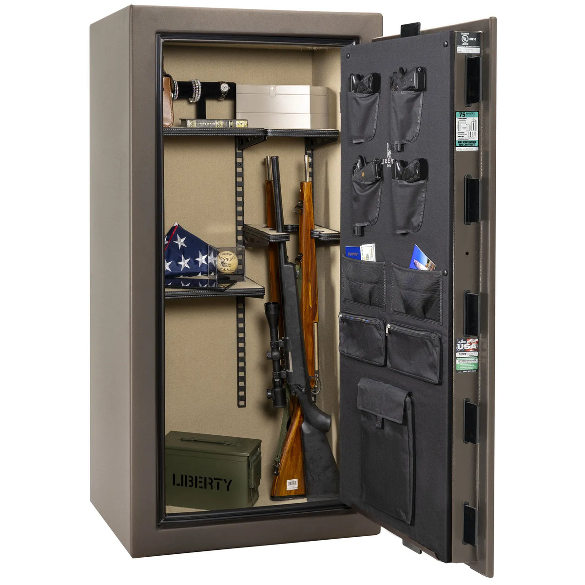Liberty Colonial 23 gun safe in Textured Bronze with Black Chrome hardware, open with Pro Flex loaded interior