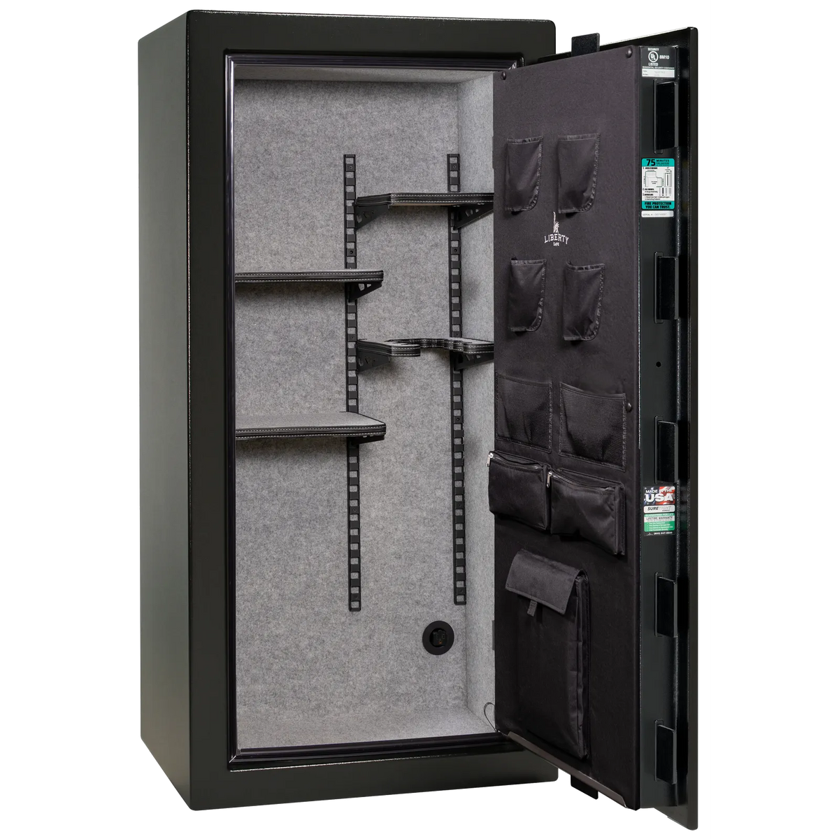 Liberty Colonial 23 gun safe in Textured Black with Chrome hardware, open with Pro Flex interior