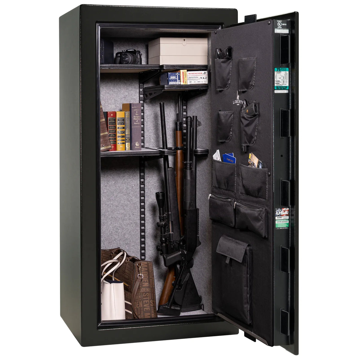 Liberty Colonial 23 gun safe in Textured Black with Chrome hardware, open with Pro Flex interior loaded  