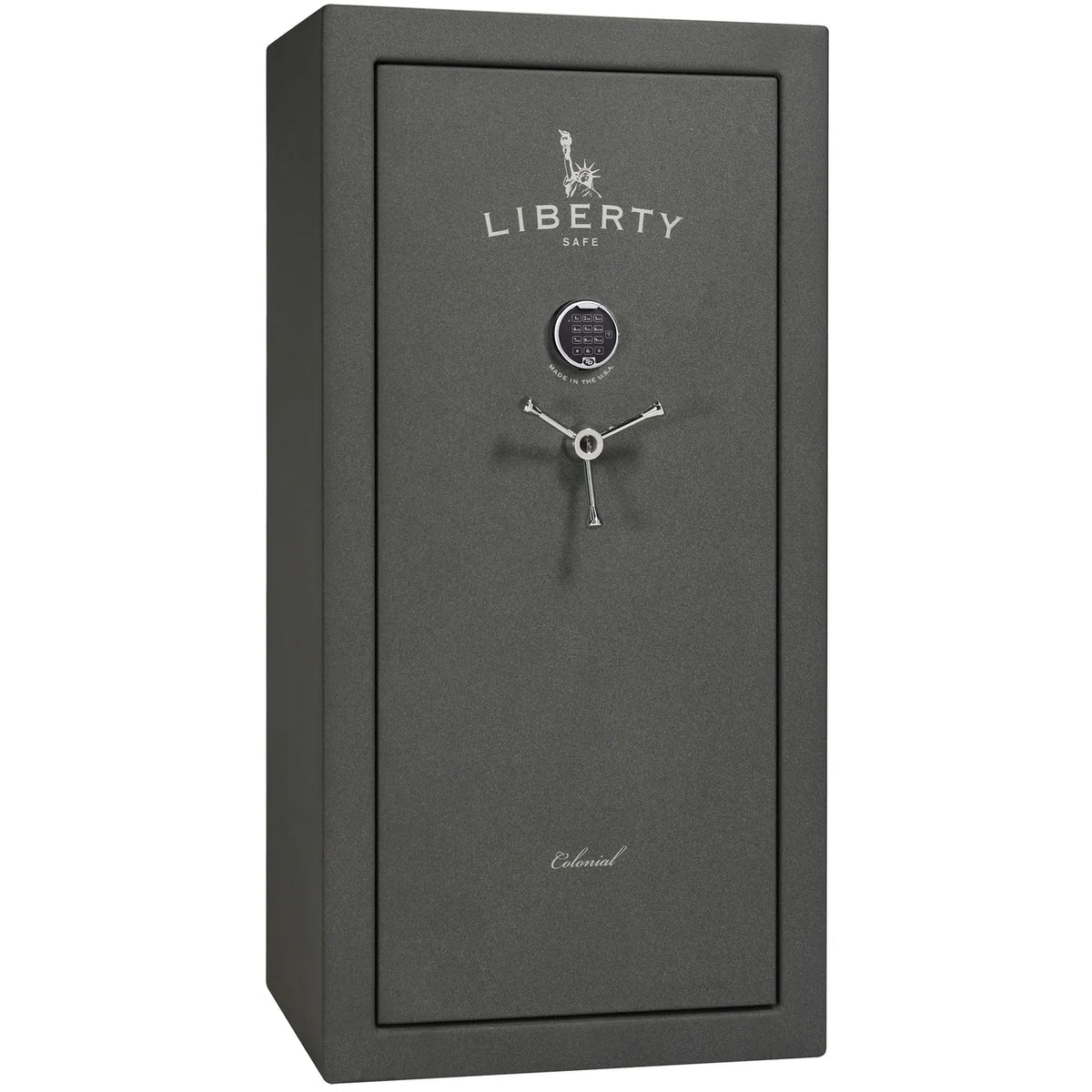 Liberty Colonial 23 gun safe in Textured Granite with Chrome hardware, exterior view with S&G electronic lock