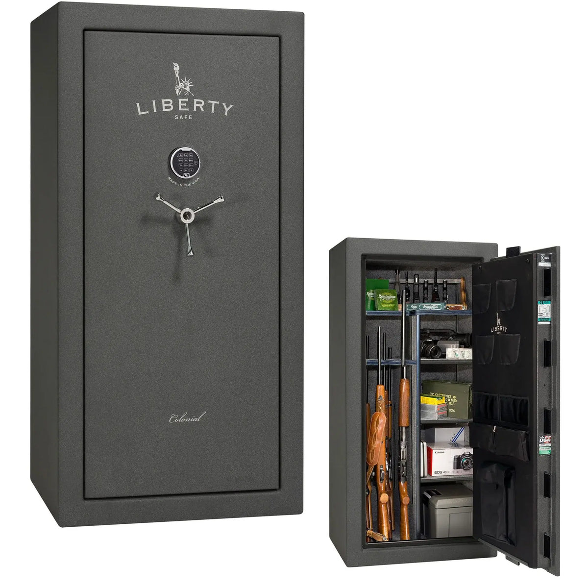 Liberty Colonial 23 gun safe in Textured Granite with Chrome hardware, stacked exterior with S&G electronic lock and Standard Flex interior