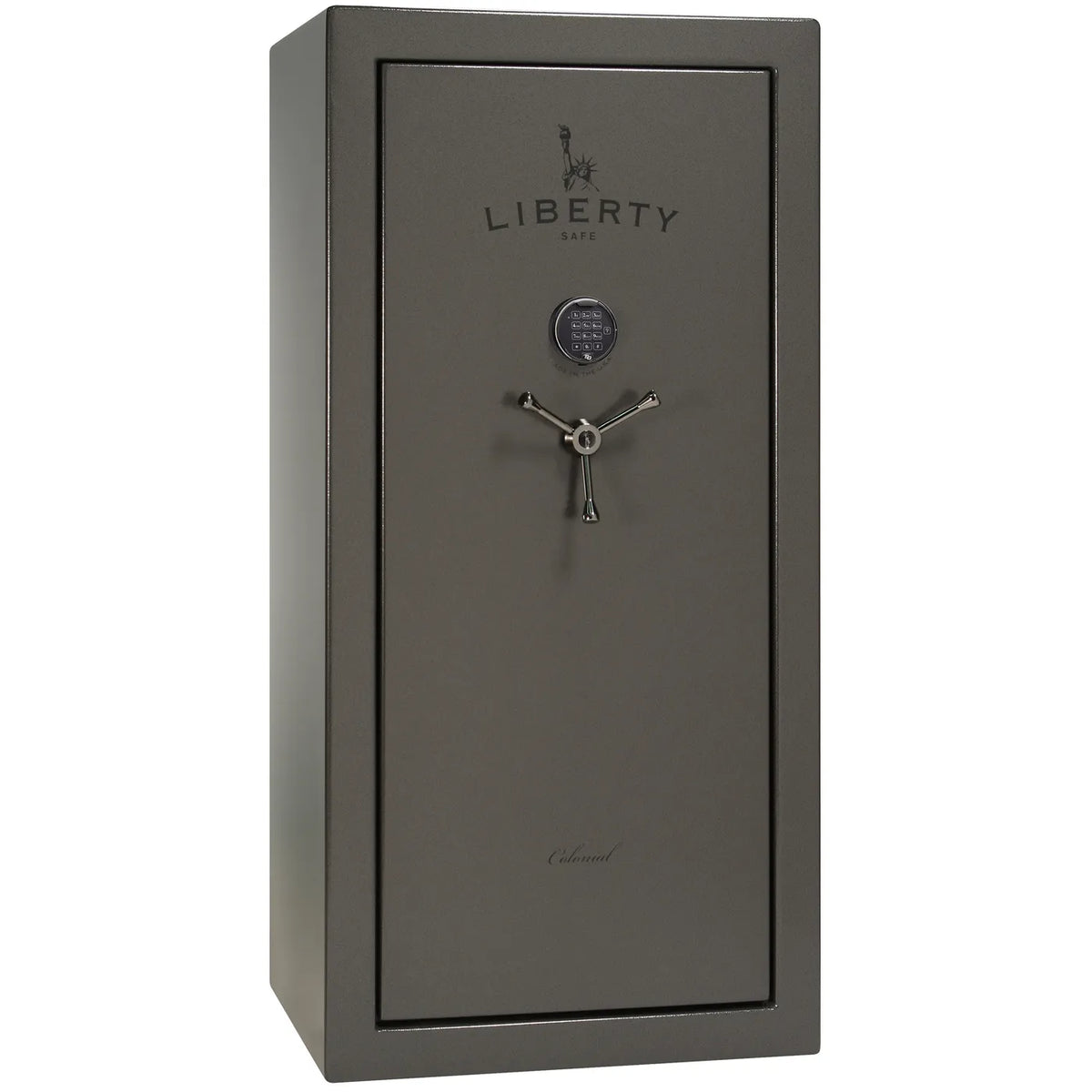 Liberty Colonial 23 gun safe in Gray Marble with Black Chrome hardware, exterior view with S&G electronic lock