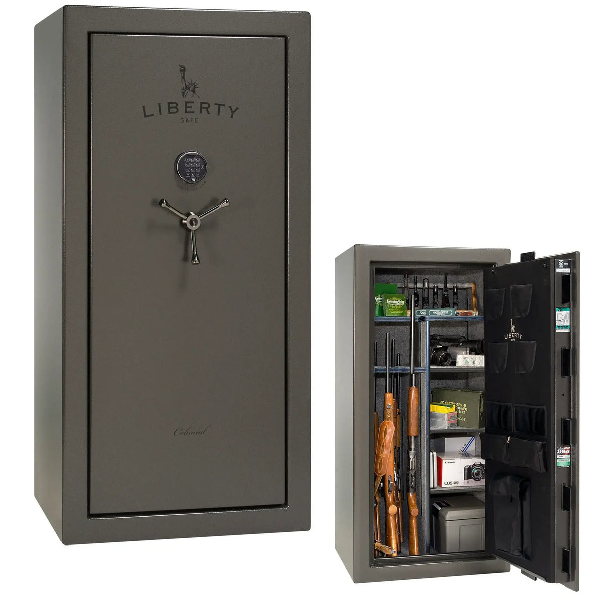 Liberty Colonial 23 gun safe in Gray Marble with Black Chrome hardware, stacked exterior with S&G electronic lock and Standard Flex interior