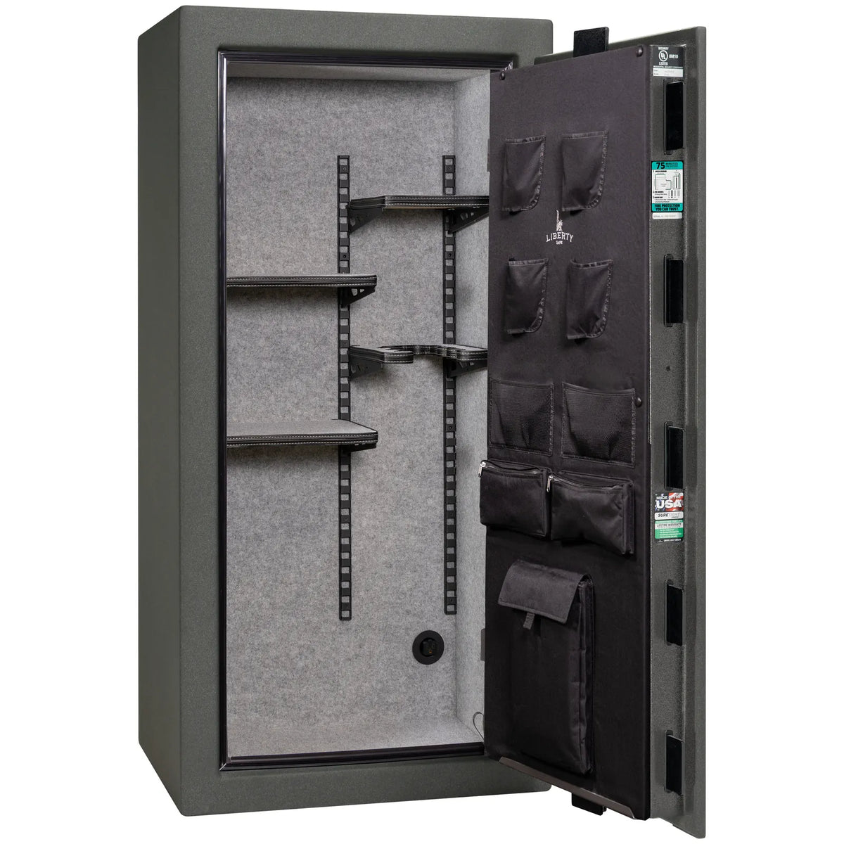 Liberty Colonial 23 gun safe in Textured Granite with Chrome hardware, open with Pro Flex interior