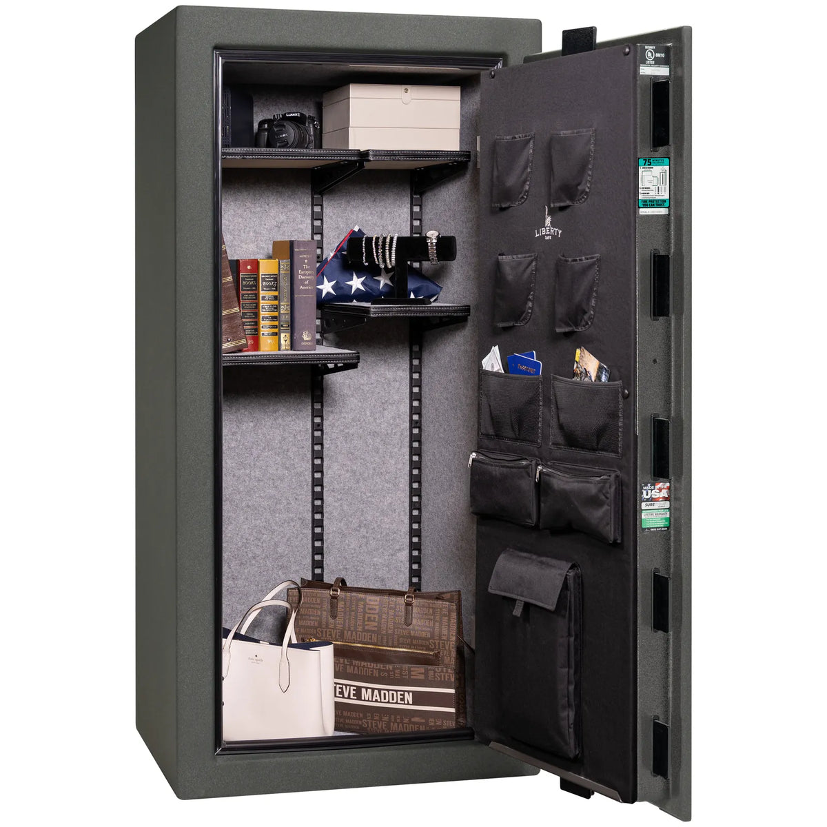 Liberty Colonial 23 gun safe in Textured Granite with Chrome hardware, open with Pro Flex interior full