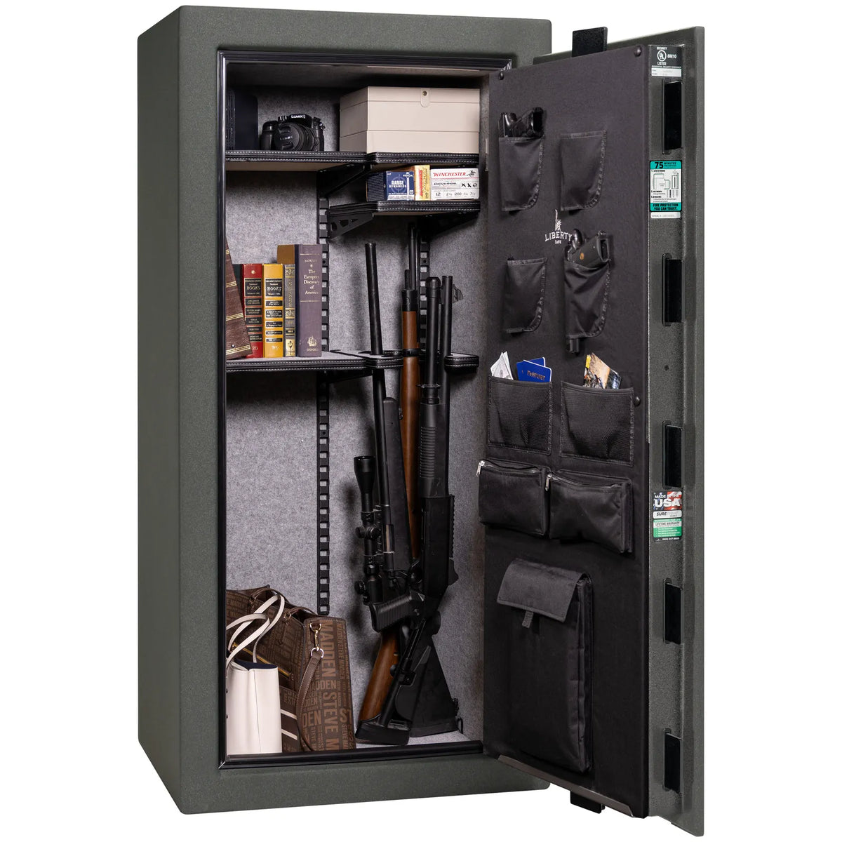 Liberty Colonial 23 gun safe in Textured Granite with Chrome hardware, open with Pro Flex interior loaded