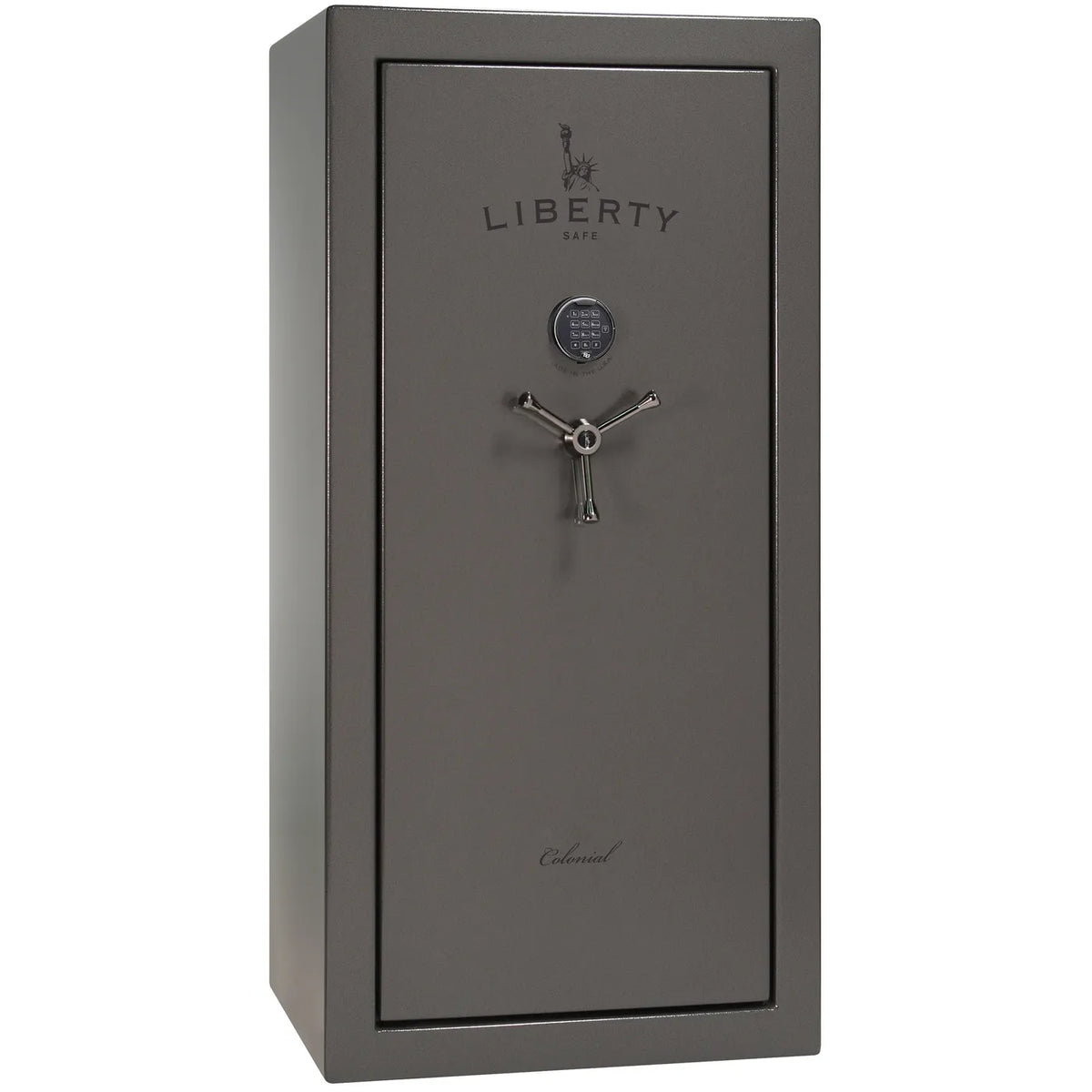 Liberty Colonial 23 gun safe in Gray Gloss with Black Chrome hardware, exterior view with S&G electronic lock