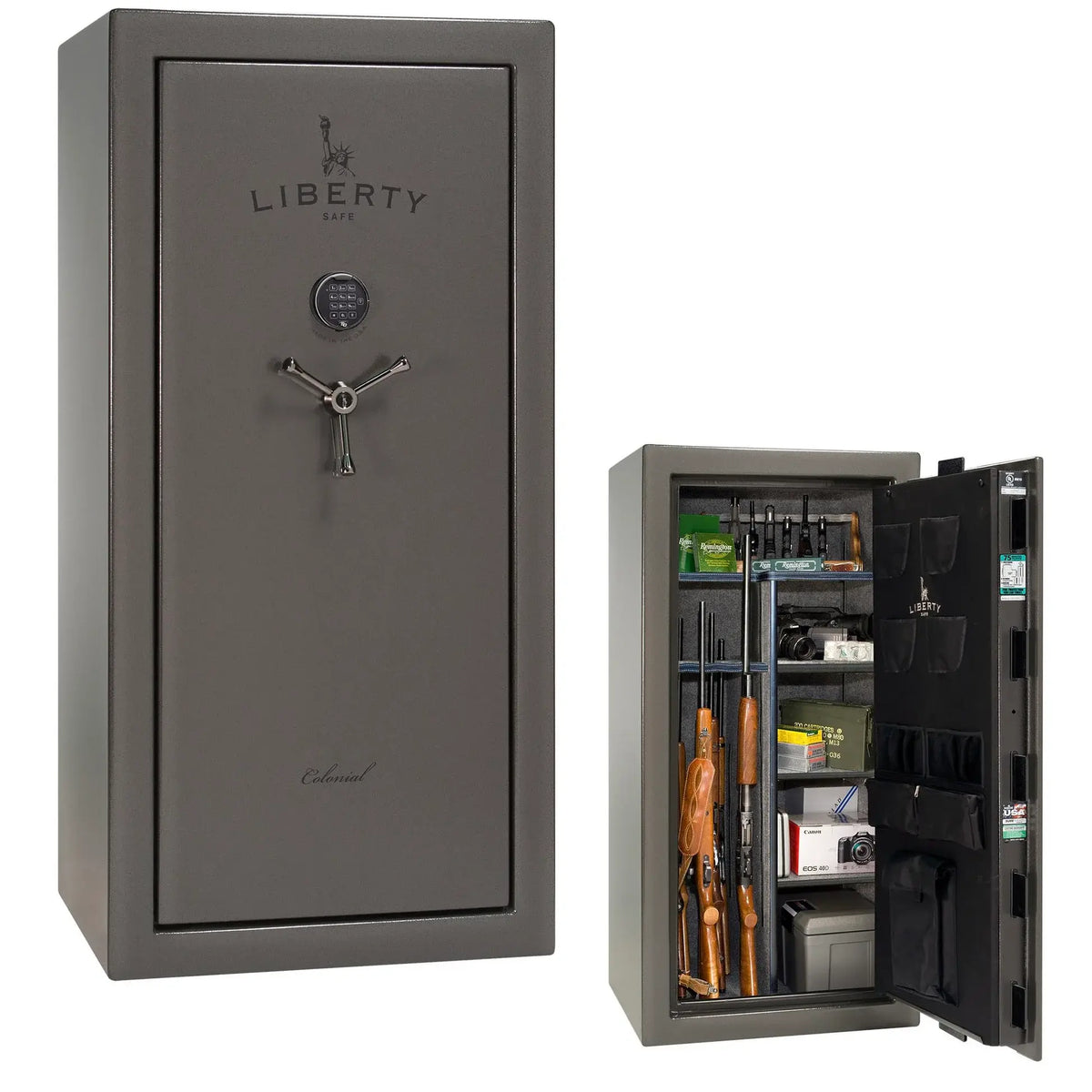 Liberty Colonial 23 gun safe in Gray Gloss with Black Chrome hardware, stacked exterior with S&G electronic lock and Standard Flex interior