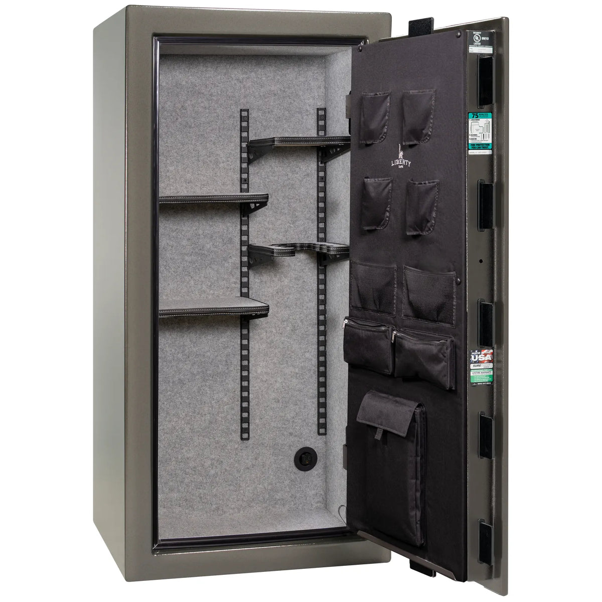 Liberty Colonial 23 gun safe in Gray Marble with Black Chrome hardware, open with Pro Flex interior