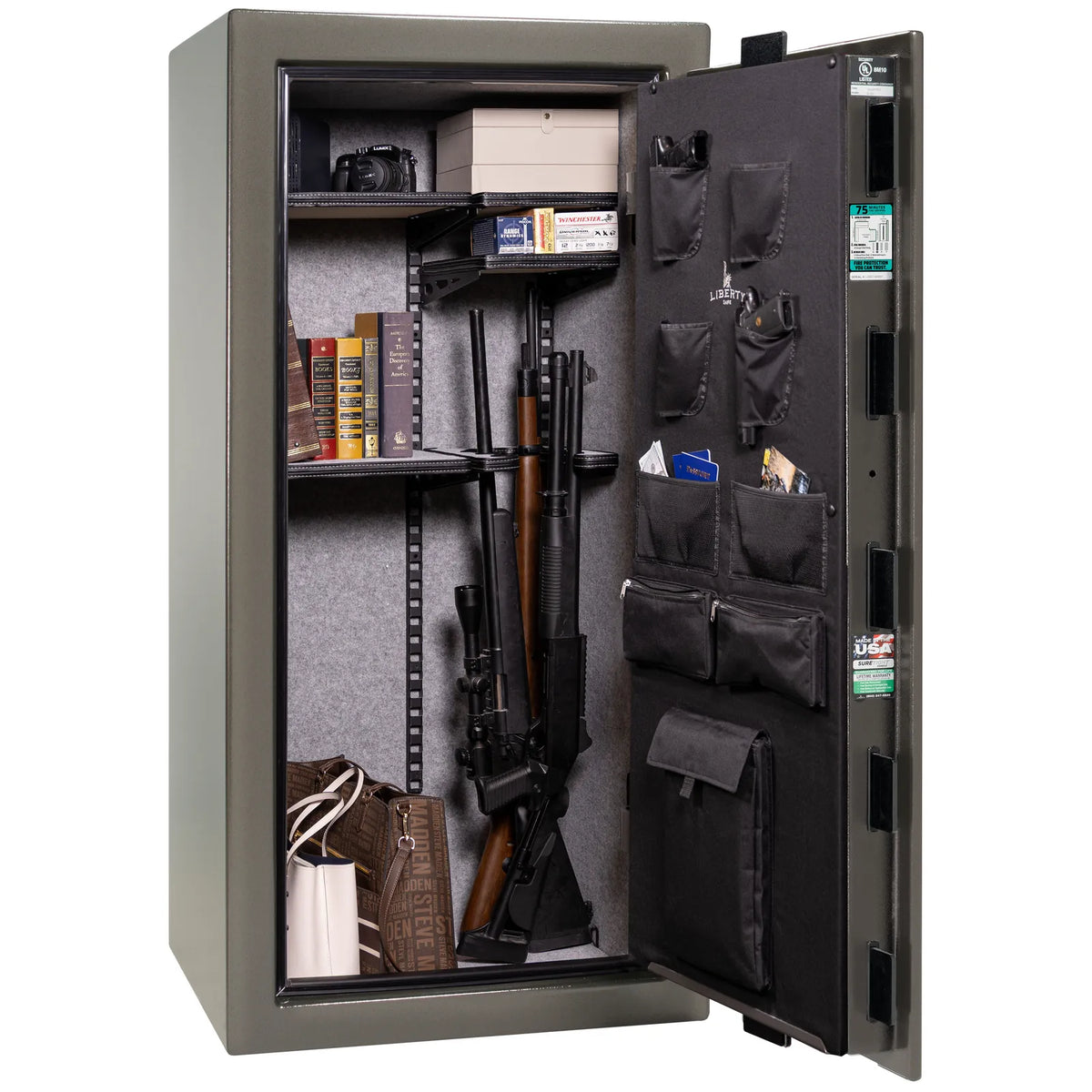 Liberty Colonial 23 gun safe in Gray Marble with Black Chrome hardware, open with Pro Flex interior loaded