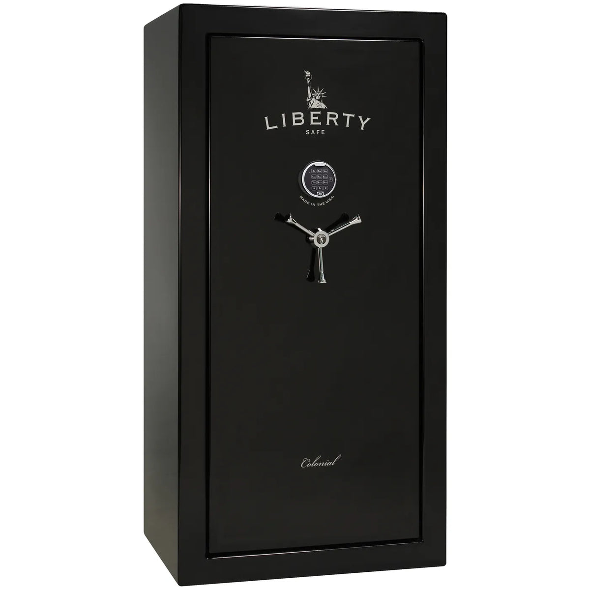 Liberty Colonial 23 gun safe in Black Gloss with Chrome hardware, exterior view with S&G electronic lock