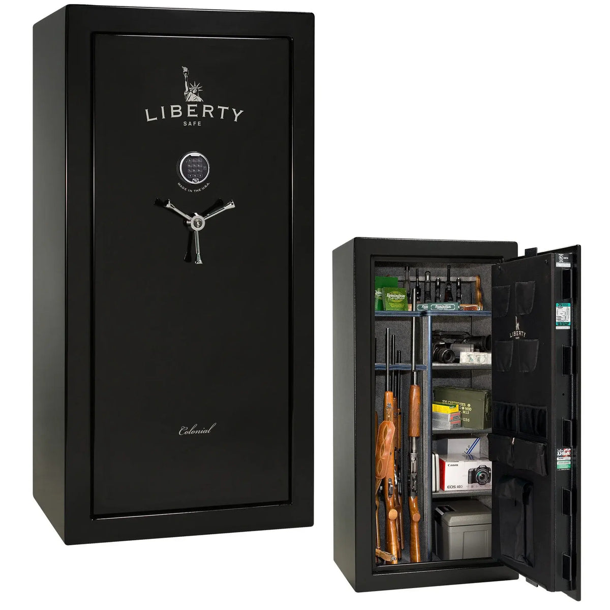 Liberty Colonial 23 gun safe in Black Gloss with Chrome hardware, stacked exterior with S&G electronic lock and Standard Flex interior