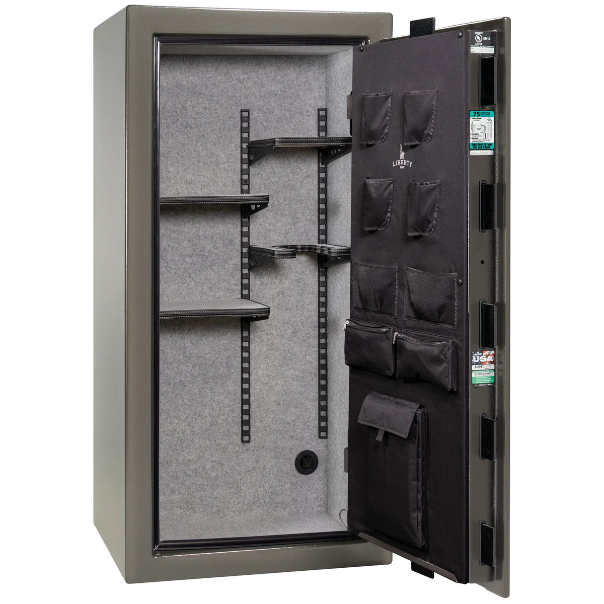 Liberty Colonial 23 gun safe in Gray Gloss with Black Chrome hardware, open with Pro Flex interior