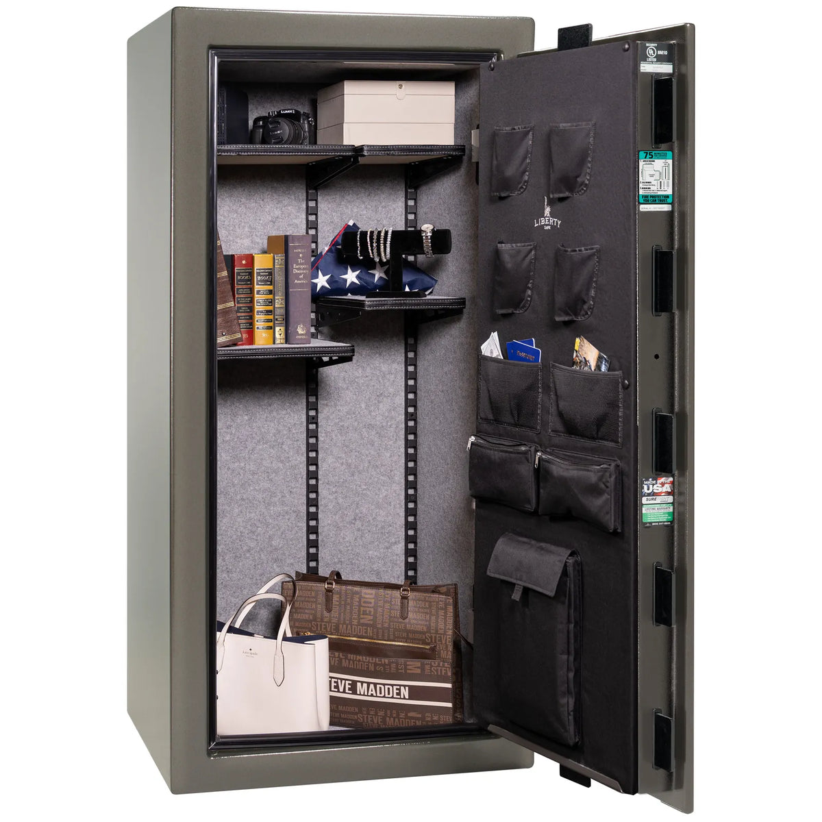 Liberty Colonial 23 gun safe in Gray Gloss with Black Chrome hardware, open with Pro Flex interior full