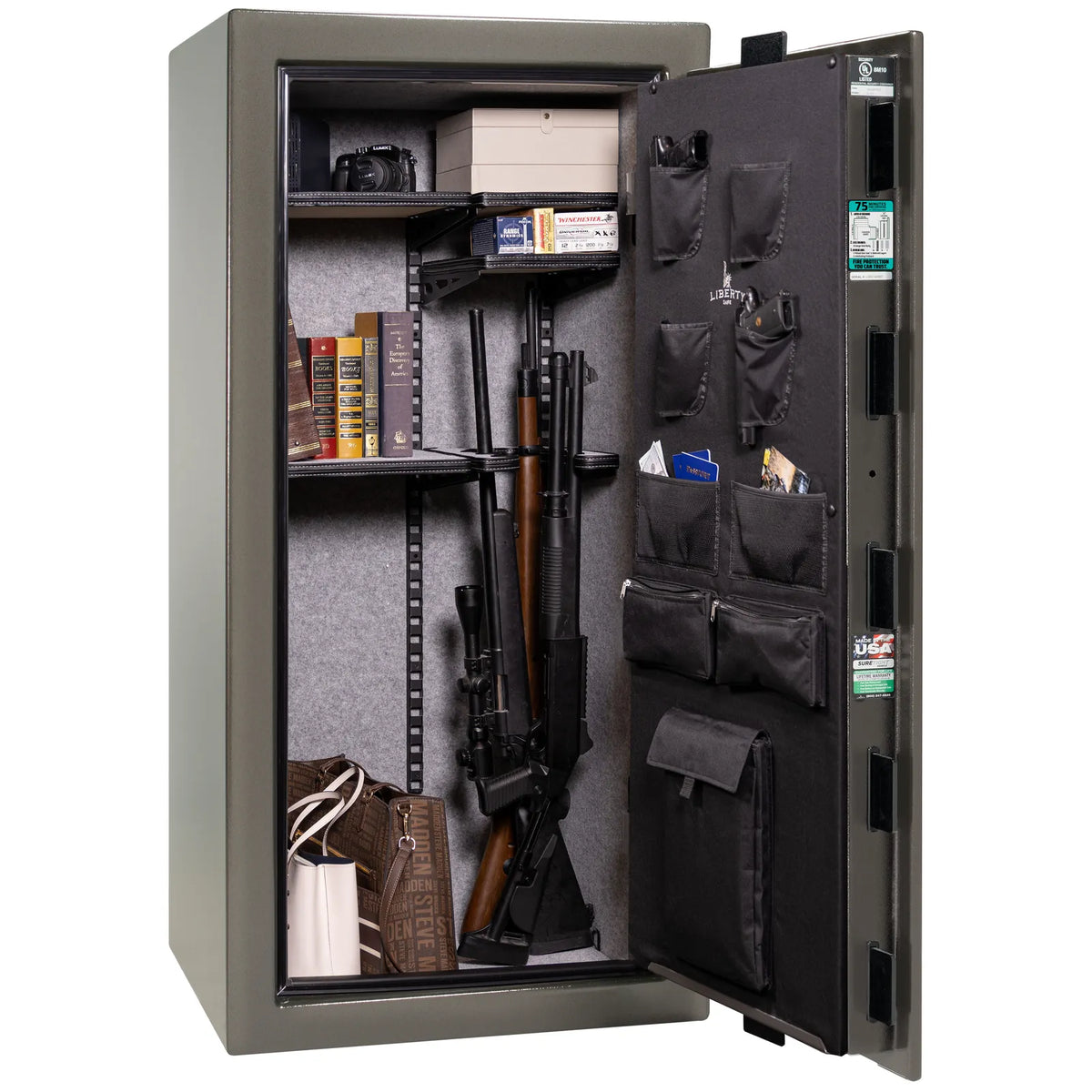 Liberty Colonial 23 gun safe in Gray Gloss with Black Chrome hardware, open with Pro Flex interior loaded