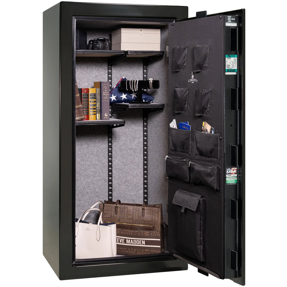 Liberty Colonial 23 gun safe in Black Gloss with Chrome hardware, open with Pro Flex interior full