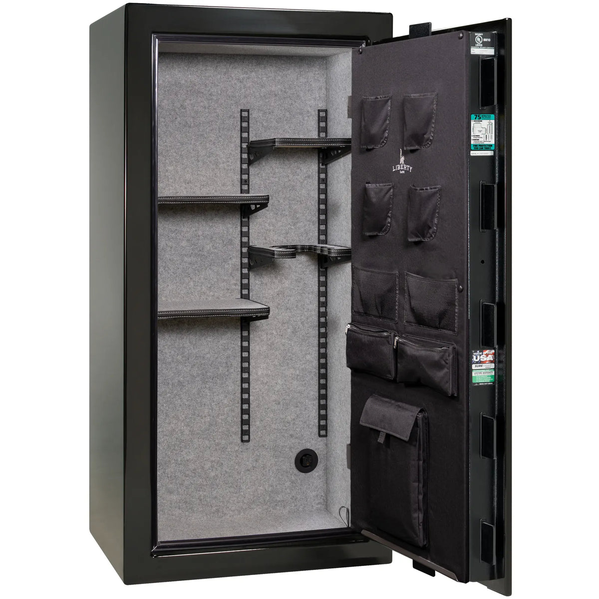 Liberty Colonial 23 gun safe in Black Gloss with Chrome hardware, open with Pro Flex interior