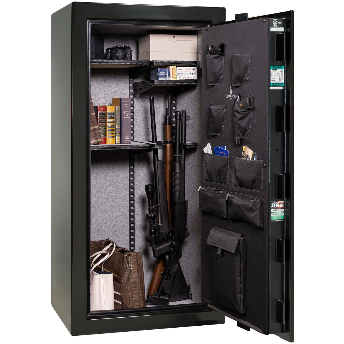 Liberty Colonial 23 gun safe in Black Gloss with Chrome hardware, open with Pro Flex interior loaded