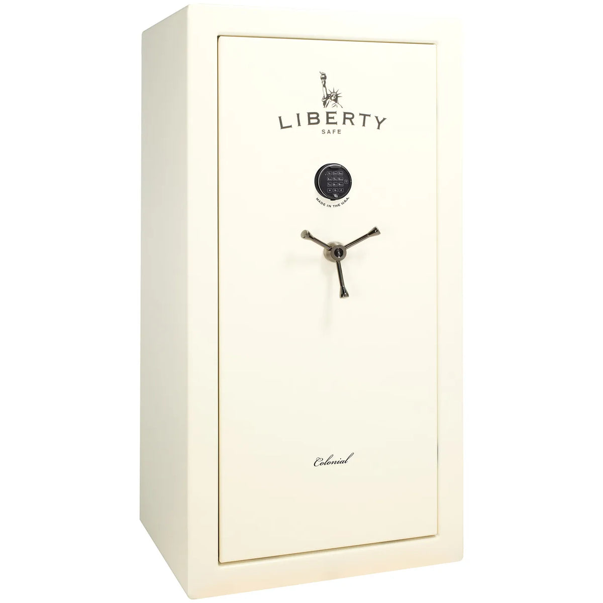 Liberty Colonial 23 gun safe in White Gloss with Black Chrome hardware, exterior view with S&G electronic lock